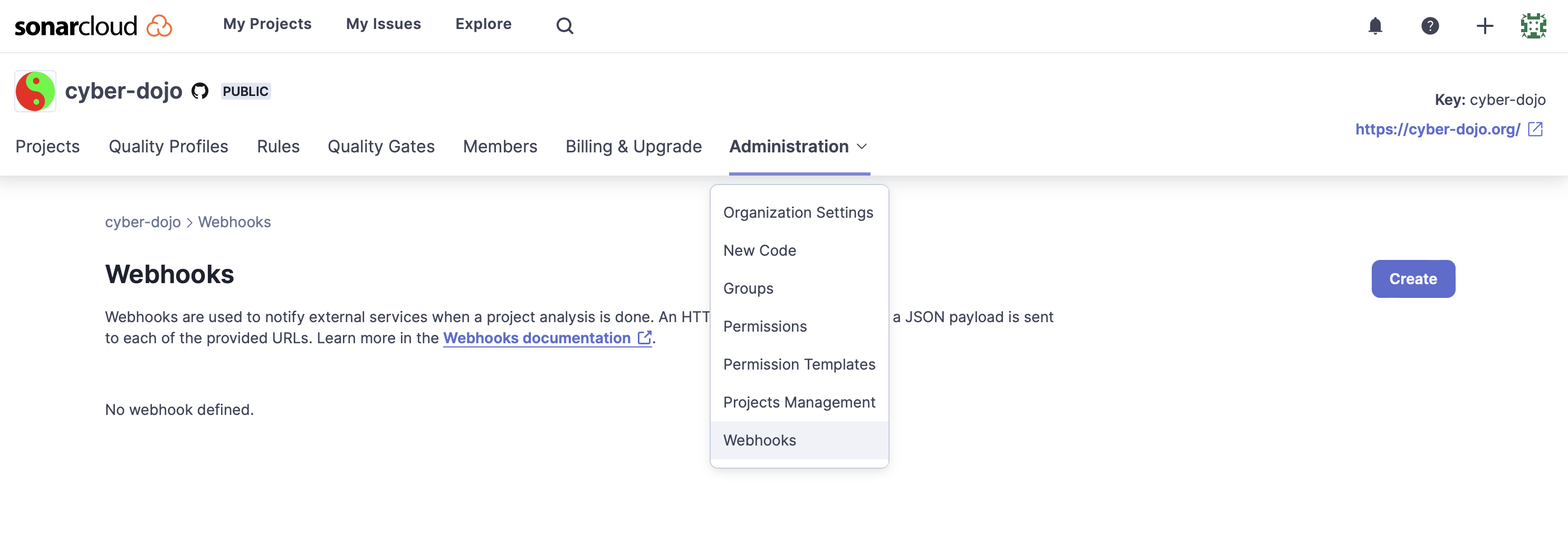 SonarCloud Global Webhook page