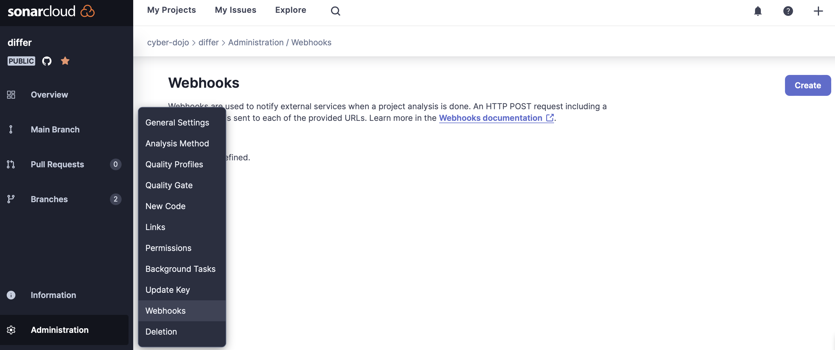 SonarCloud Project Webhook page