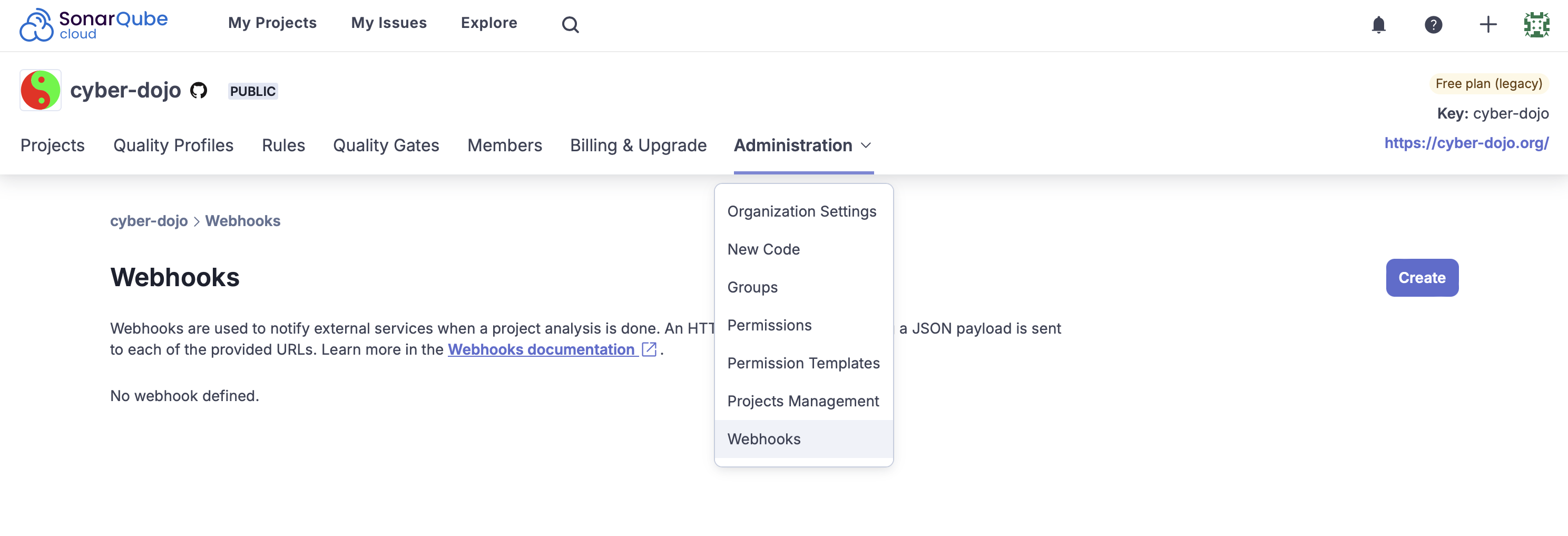 SonarQube Cloud Global Webhook page