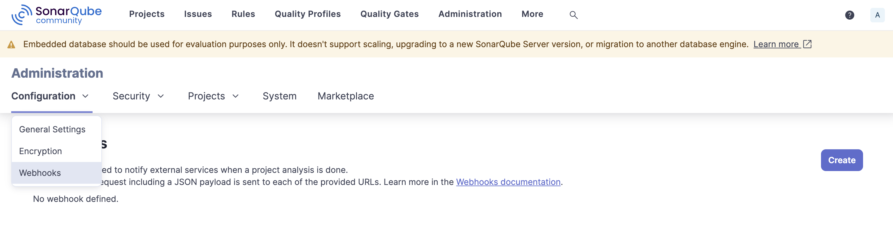 SonarQube Server Global Webhook page