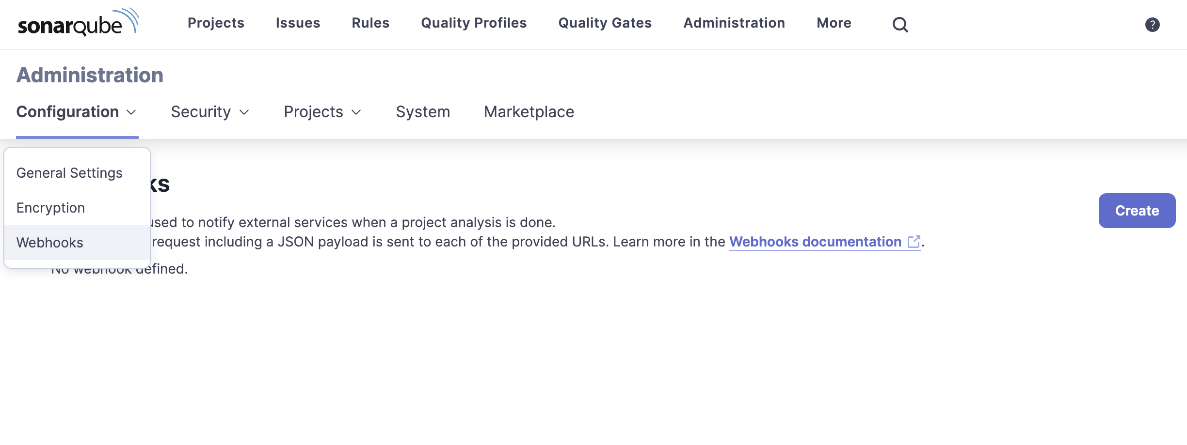 SonarQube Global Webhook page