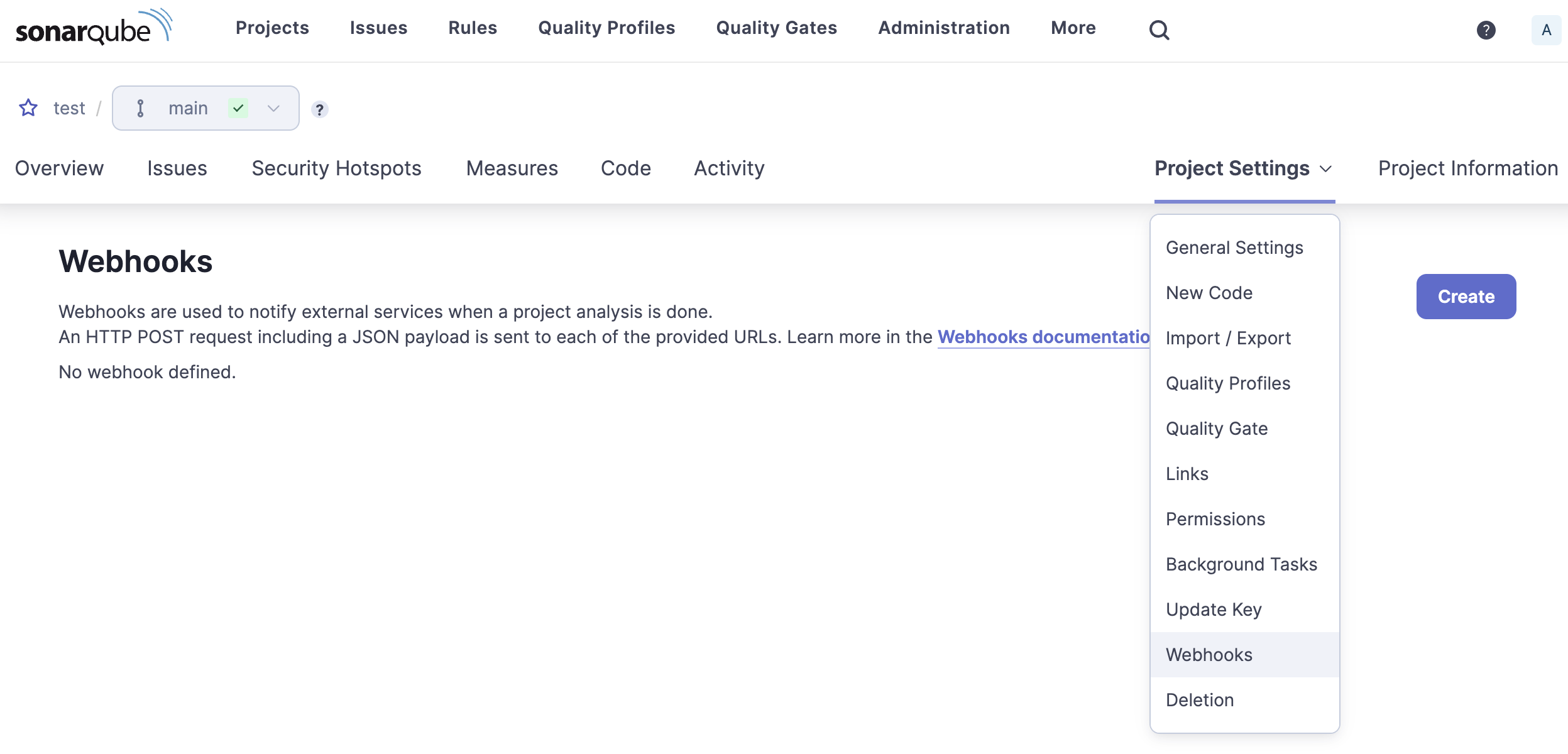 SonarQube Project Webhook page